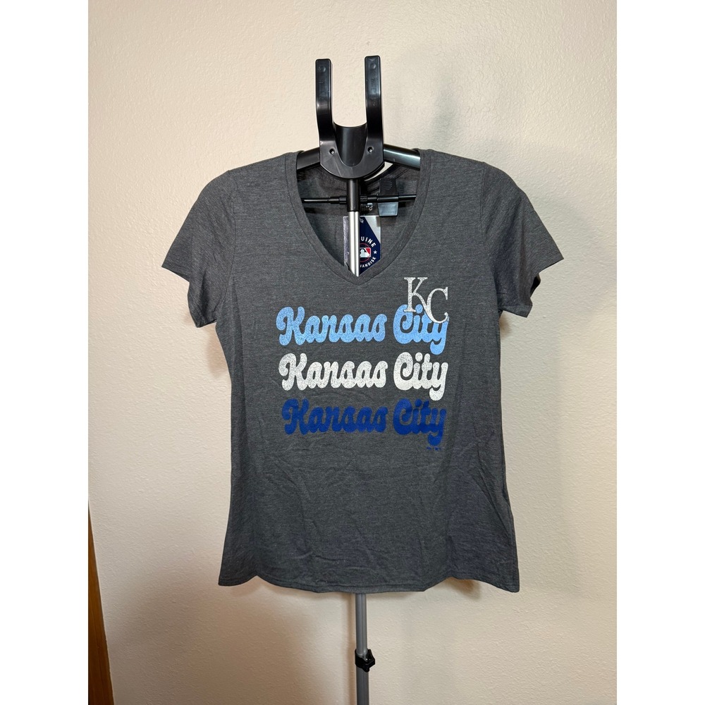 Majestic Kansas City Royals Womens V-Neck T-Shirt Charcoal Heather KC MLB Medium